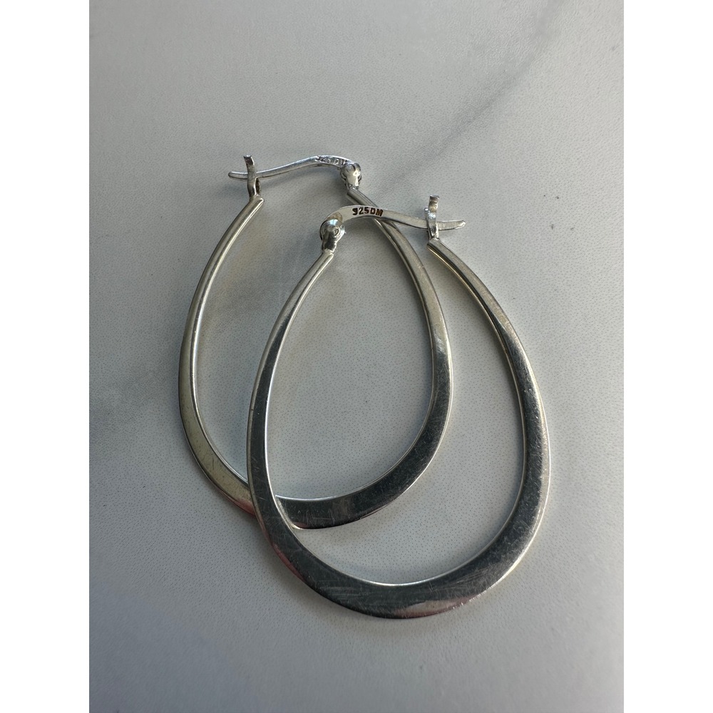 Sterling Silver 925 DM Flat Teardrop Hoop Earrings Hinged Snap Closure 1.5"